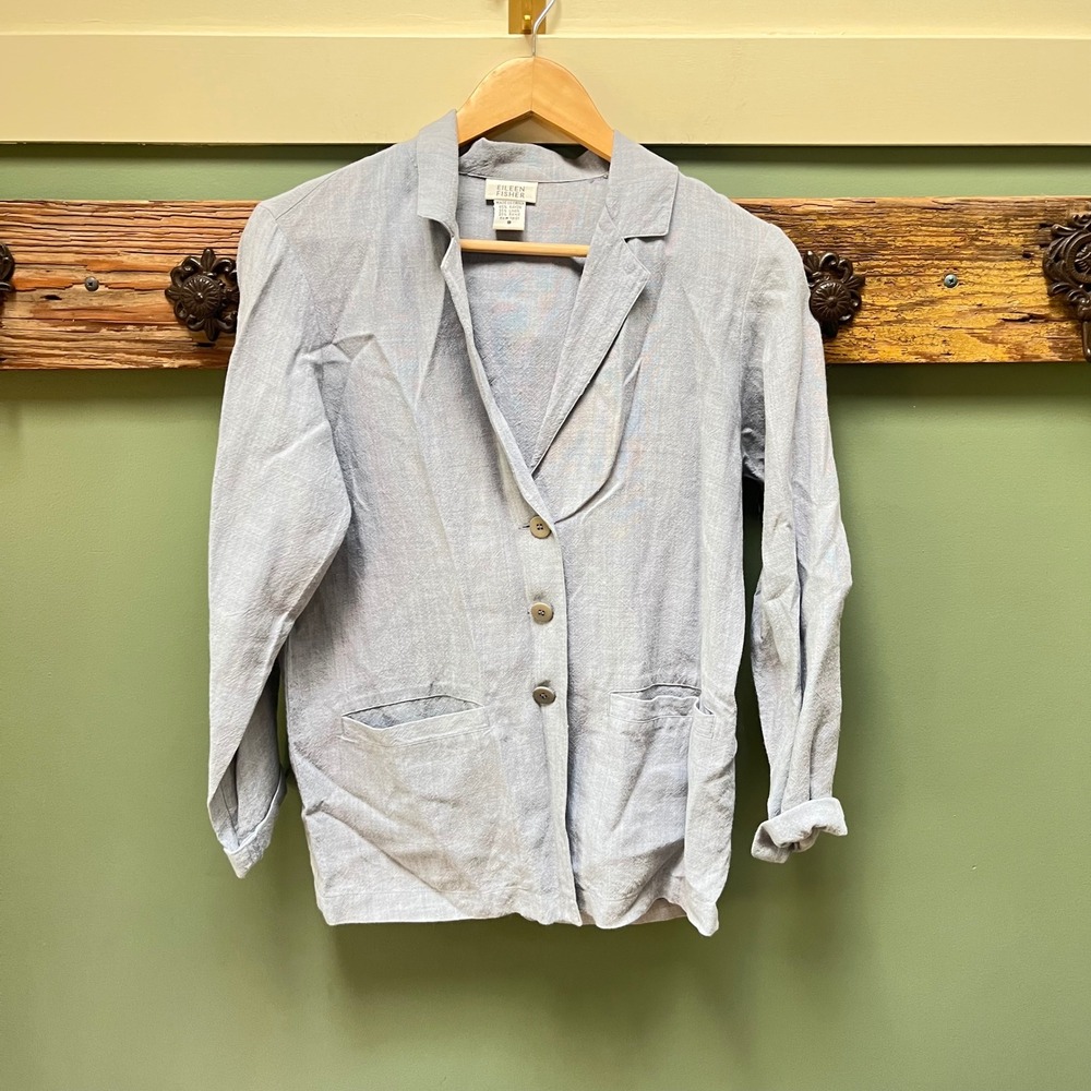 Eileen Fisher Blue Grey Linen Blend Button Front Relaxed Blazer Jacket Small